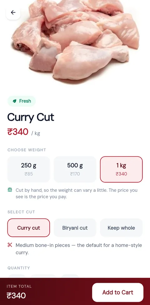 GH MEAT app: choosing weight and cut for chicken curry cut